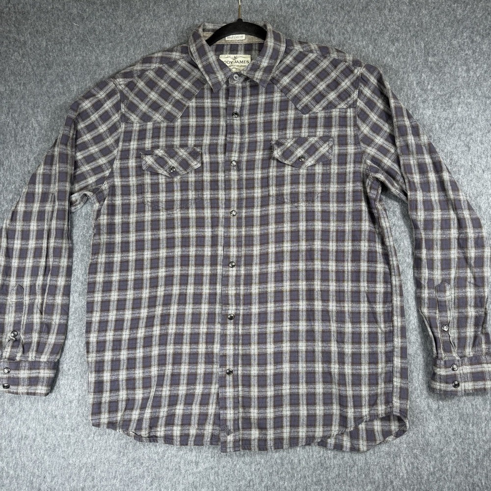 Cody James Flannel Western Shirt‎ L Blue Gray Pearl Snaps Regular Fit Cowboy